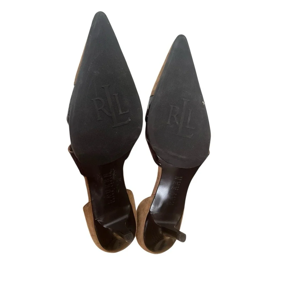 Ralph Lauren Althea Brown Suede Brown Croc Leather Kitten Heels Women's 10B Shoe